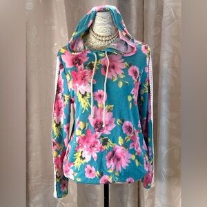 Lovely Melody M Floral Lace Sleeve Hoodie Medium Blue Pink Boho Cottagecore